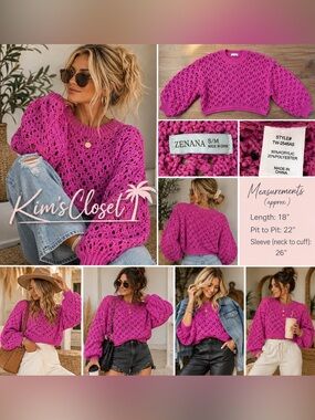 Zenana Pink/Plum Crochet Open Knit Cropped Balloon Sleeve Sweater S/M